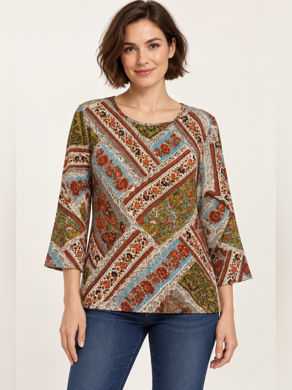 NWT Take Two Women’s L 100% Cotton Boho Paisley Sequin Top 3/4 Sleeve Multicolor